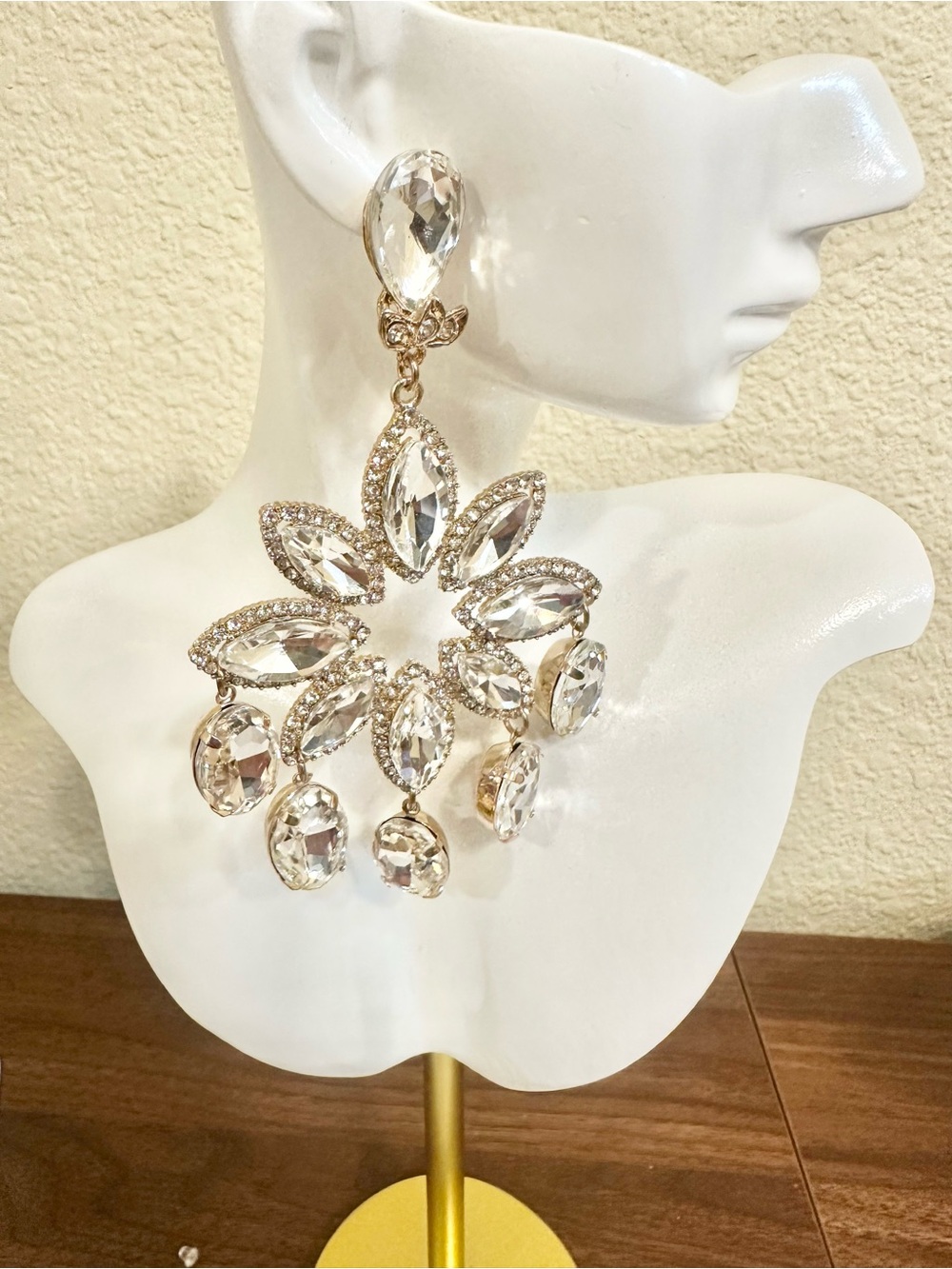 Fashion Jewelry Clear Crystal Flower Drop Earrings - Gold Tone